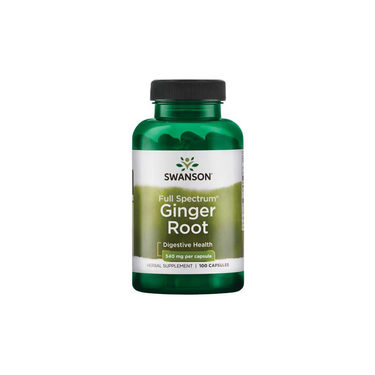 A green bottle of Swanson Full Spectrum Ginger Root 540 mg dietary supplement contains 100 capsules, each with 540 mg, and is labeled for digestive system health.